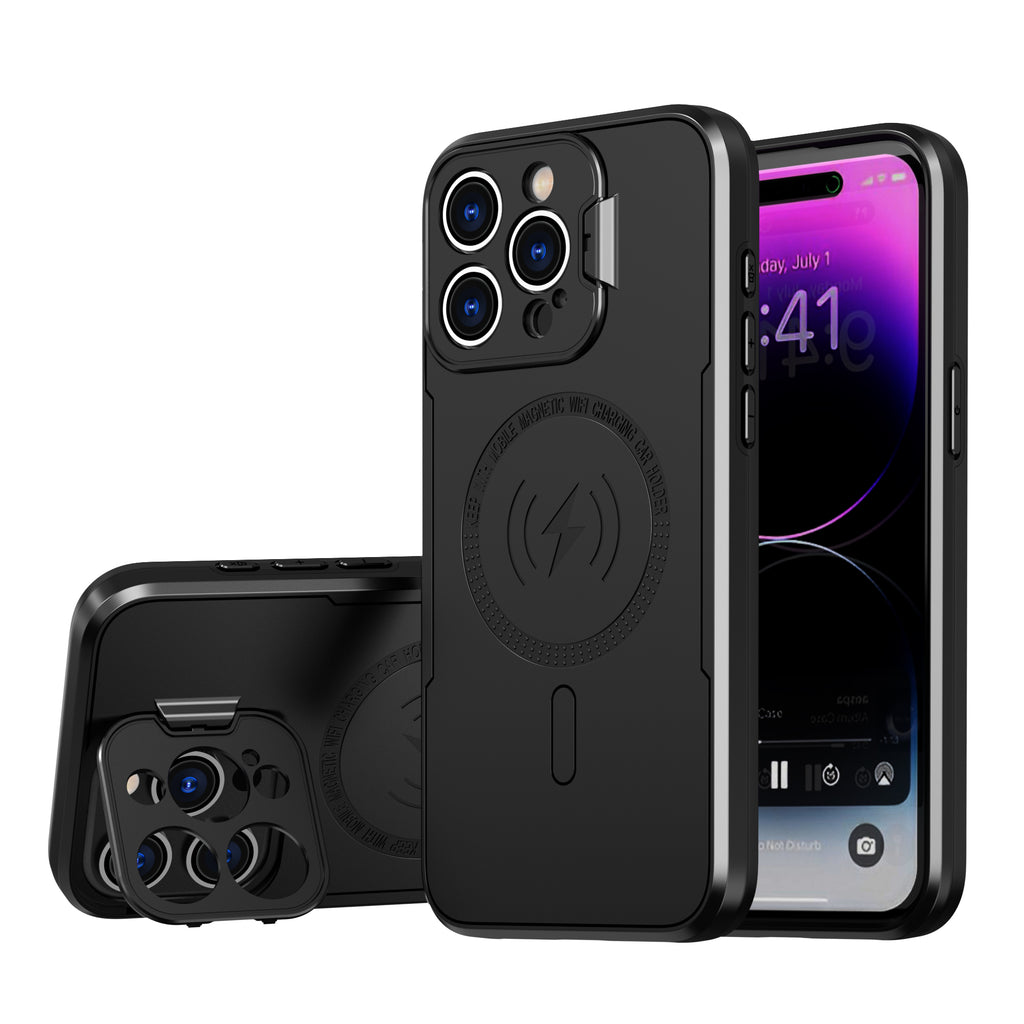 For iPhone 12/13/14/15 pro max case stand Lens protection Built-in magnets support Magsafe wireless charging
